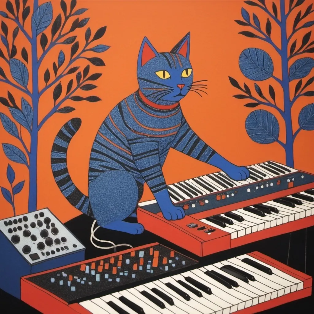 Prompt: cat plays synth, Gond patterns,