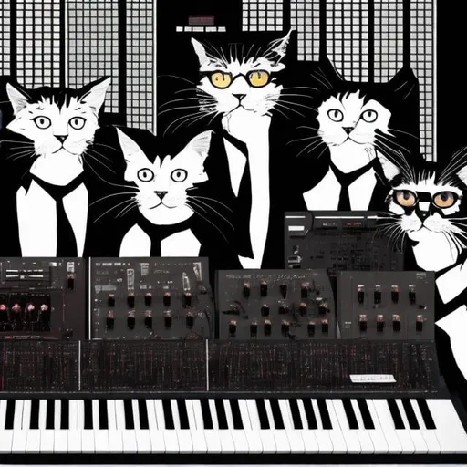 Prompt: Computer wallpaper of four cats playing modular synths like they were the band kraftwerk.  It should be darker colors like a concert