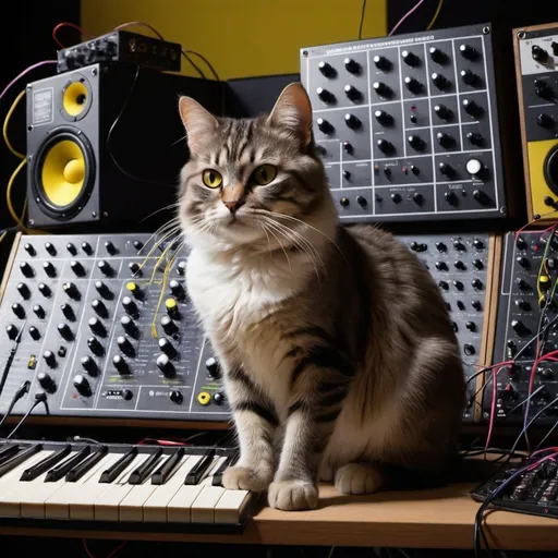Prompt: electric cat synth modular wires and rock and roll techo acid house