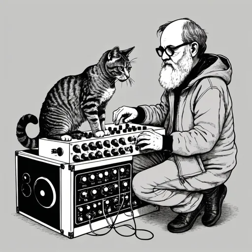 Prompt: cat plays modular synth, ed gorey, logo, line art