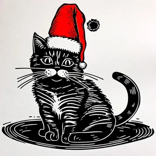 Prompt: simple one color linocut of a cat with a santa hat. Very Simple
