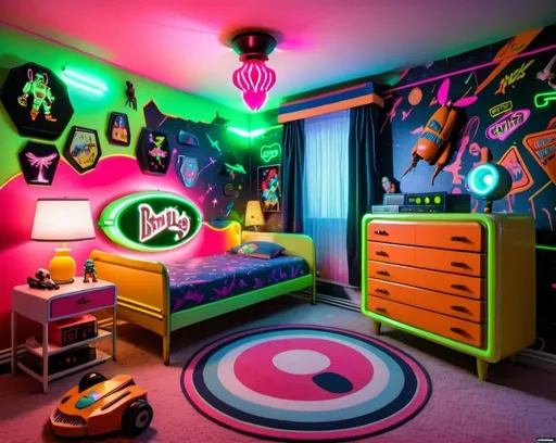 Prompt: Fluorescent-lit 80s/90s style kids bedroom, vintage furniture, Uncolorful wallpaper, retro toys, no kids present, buzzing fluorescent light, detailed textures, low quality, 80s/90s style, vintage, , retro, detailed furniture, buzzing light, creepy atmosphere 