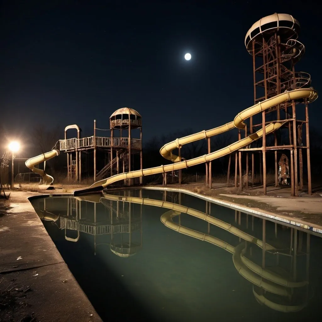 Prompt: Abandoned water park at night, eerie atmosphere, rusted slides, decaying structures, still water, moonlit reflections, no vegetation, derelict attractions, high contrast, dark shadows, eerie glow, mysterious, haunting, high quality, night, abandoned, eerie atmosphere, rusted, decay, o
, moonlit reflections, derelict, haunting, atmospheric lighting