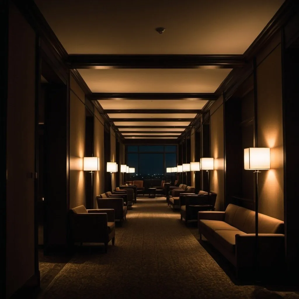 Prompt: A hotel liminal space at night with dark lighting with the lights out