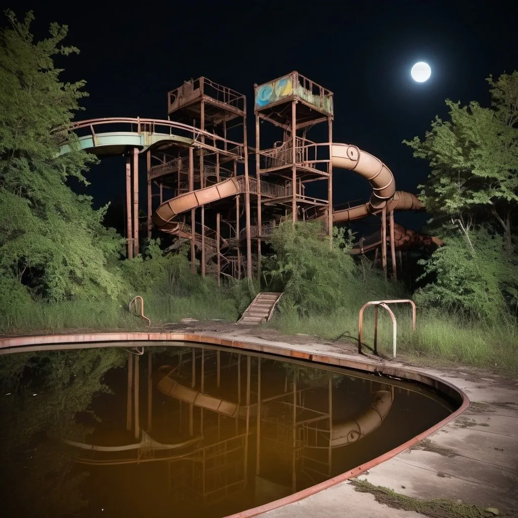 Prompt: Abandoned water park at night, eerie atmosphere, rusted slides, decaying structures, still water, moonlit reflections, overgrown vegetation, derelict attractions, high contrast, dark shadows, eerie glow, mysterious, haunting, high quality, night, abandoned, eerie atmosphere, rusted, decay, overgrown, moonlit reflections, derelict, haunting, atmospheric lighting