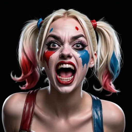 Prompt: hyper-realistic screaming Harley quinn paint bomb style in a black background 