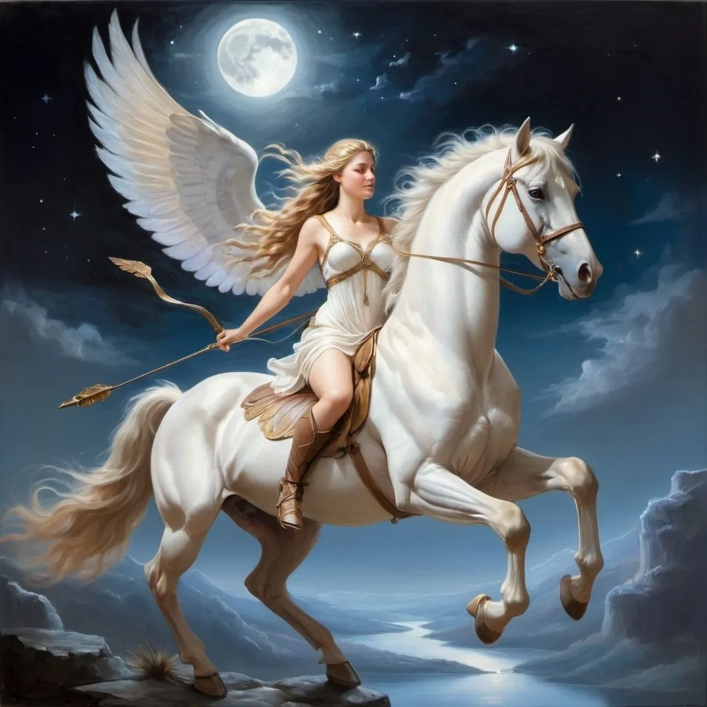 Prompt: Artemis riding Pegasus, ethereal oil painting, celestial moonlit sky, majestic wings with soft glow, flowing lunar landscape, goddess of the moon, divine beauty, high quality, ethereal, oil painting, celestial, majestic, lunar, goddess, divine, moonlit, soft glow, flowing, majestic wings, ethereal landscape, mythical, atmospheric lighting, her hunter's bow drawn back
