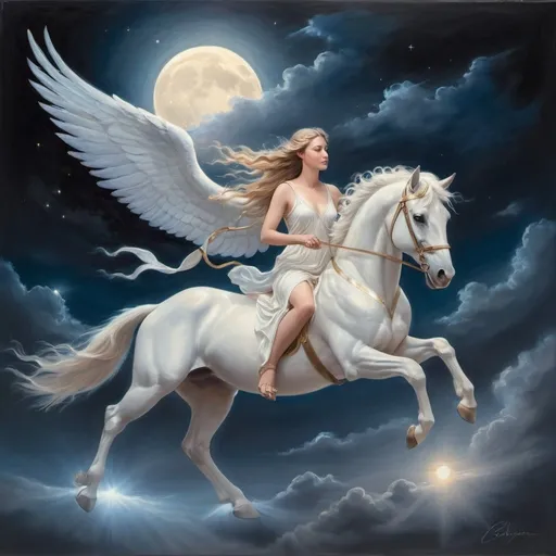 Prompt: Artemis riding Pegasus, ethereal oil painting, celestial moonlit sky, majestic wings with soft glow, flowing lunar landscape, goddess of the moon, divine beauty, high quality, ethereal, oil painting, celestial, majestic, lunar, goddess, divine, moonlit, soft glow, flowing, majestic wings, ethereal landscape, mythical, atmospheric lighting