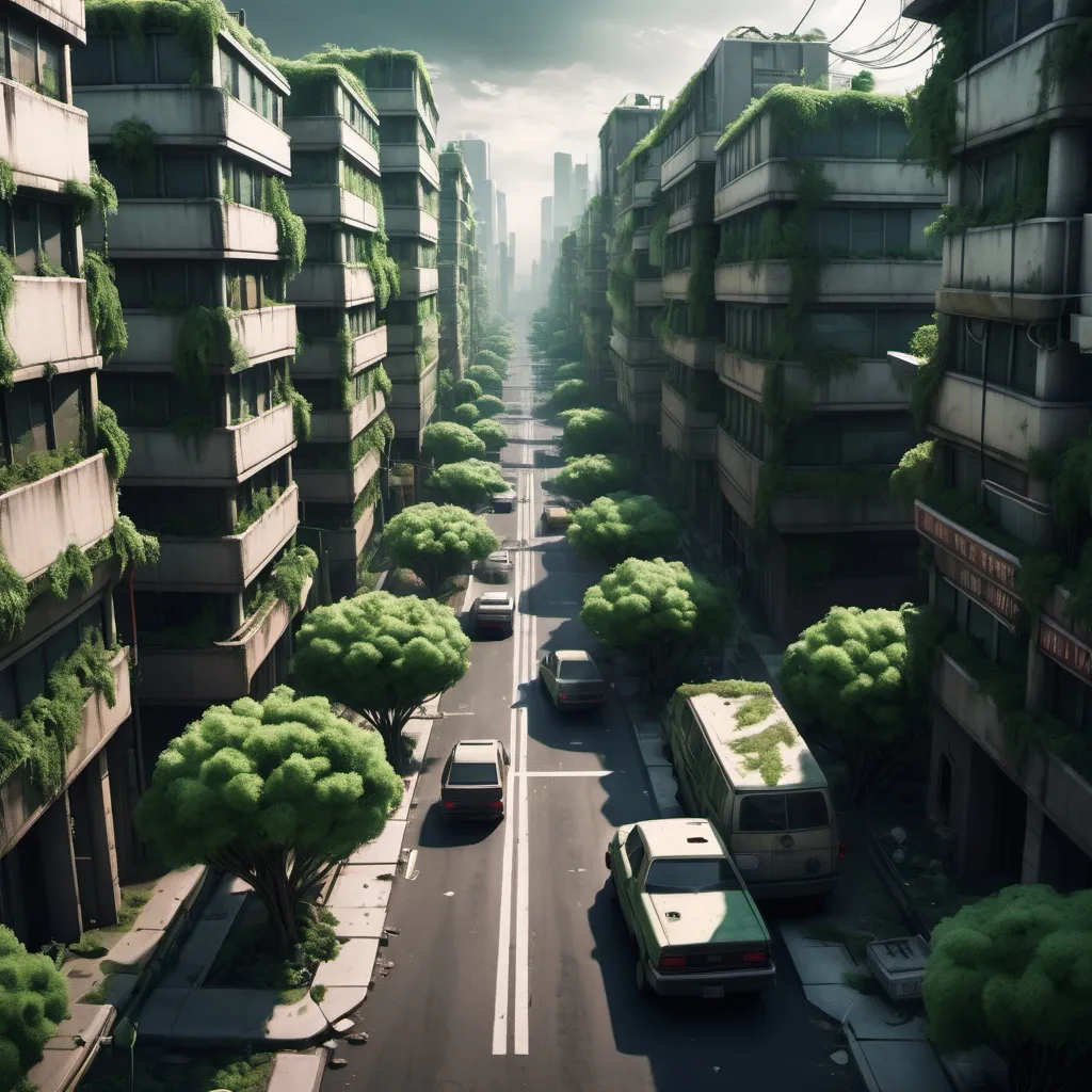 Prompt: apocalyptische straat met in het groot van boven 2084 met veel groen