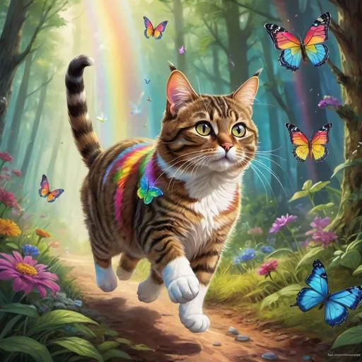 Prompt: Fantasy art of a brown tabby cat with white socks, chasing a rainbow butterfly, vibrant and whimsical color palette, magical forest setting, detailed fur with contrasting highlights, expressive eyes, high-quality, fantasy, vibrant colors, whimsical, detailed fur, expressive eyes, magical forest, highres, colorful lighting