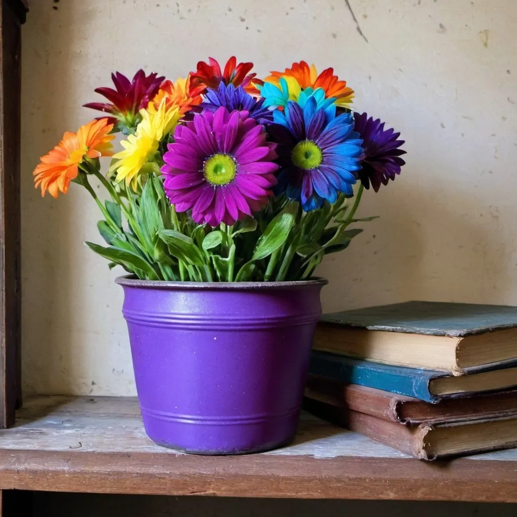 Prompt: There are rainbow flowers sitting in a  purple pot on an old antique shelf.