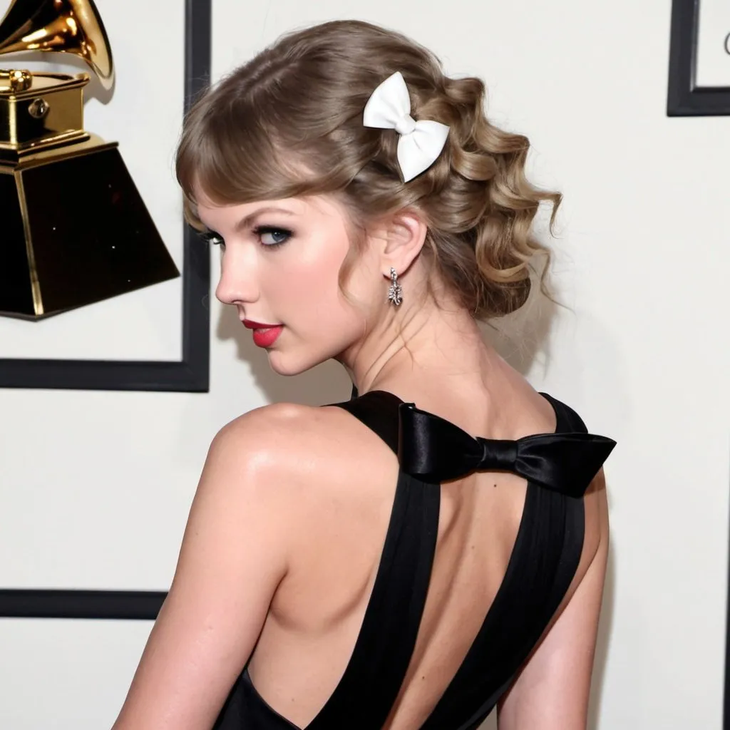 Prompt: Taylor swift is at the Grammys watching people, when she gets called up for the best music video. She is wearing a long black dress with a open back and a white bow in her hair. She has hair out and flowing, curled. Her eyes are facing the same direction.