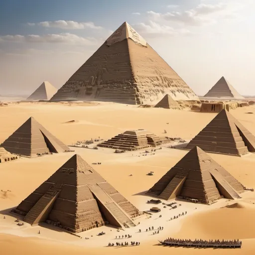 Prompt: Huge Egyptian pyramids in the middle of the desert surrounded by servants and slaves creating the great sphinx. There is the body of Cleopatra lying near by with other pharaohs watching the experience.