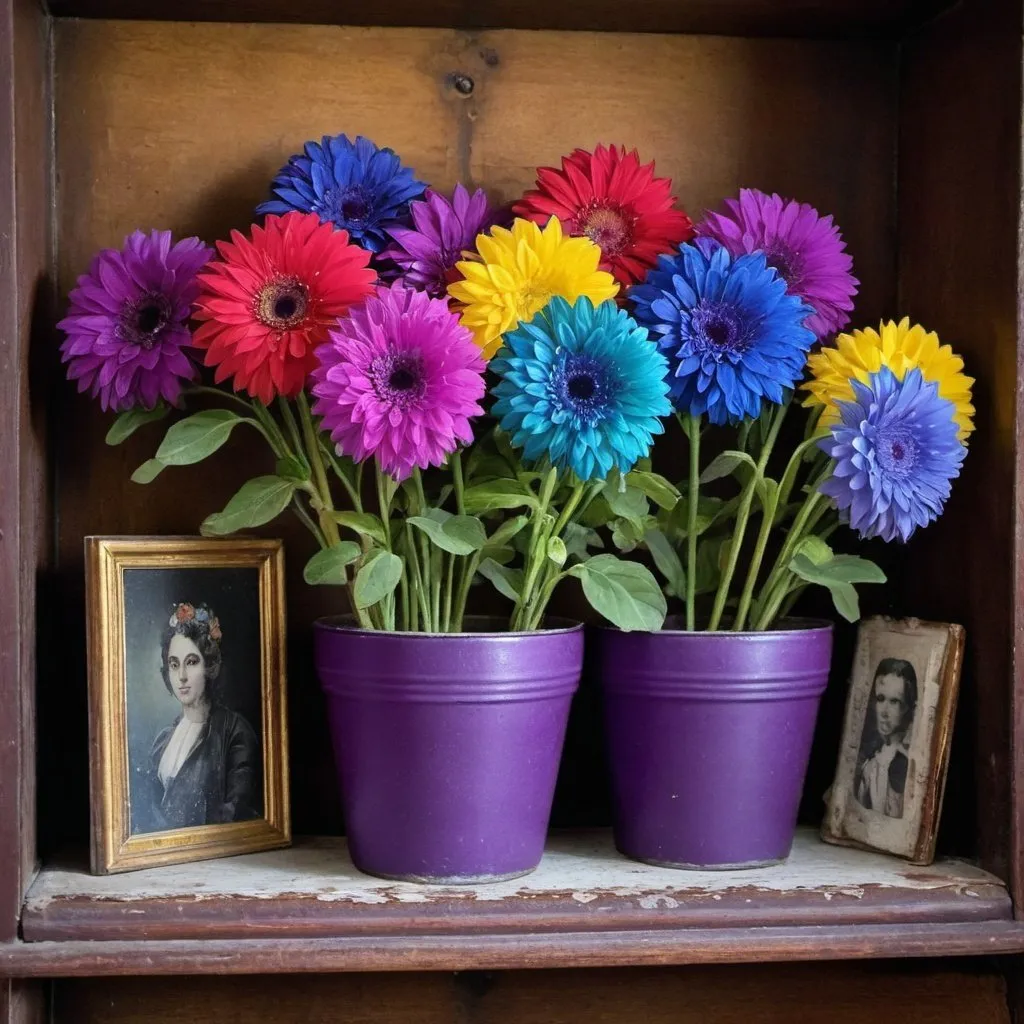 Prompt: There are rainbow flowers sitting in a  purple pot on an old antique shelf.