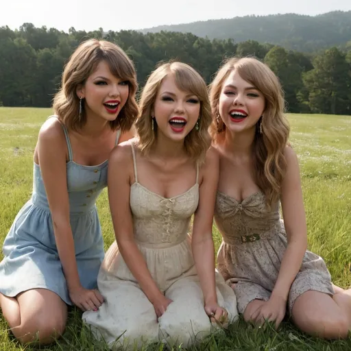 Prompt: Taylor Swift is in the middle of a meadow, laughing with Selena Gomez and Sabrina Carpenter.