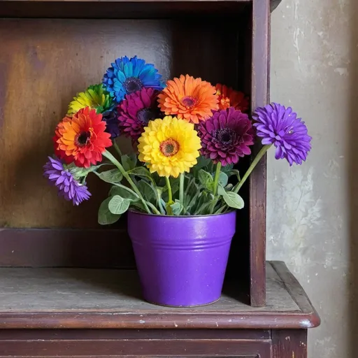 Prompt: There are rainbow flowers sitting in a  purple pot on an old antique shelf.