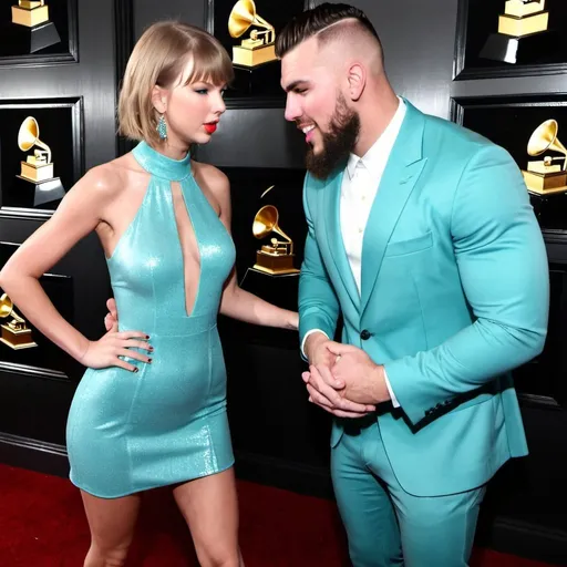 Prompt: Taylor Swift is in an aqua mini dress, at the Grammys with Travis Kelce right next to her, celebrating all her awards