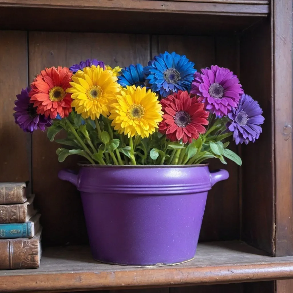 Prompt: There are rainbow flowers sitting in a  purple pot on an old antique shelf.