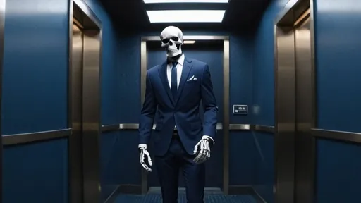 Prompt: Skelton wearing Suit in Elevator and puts his hand in the pants pocket in Dark Blue Corridor 