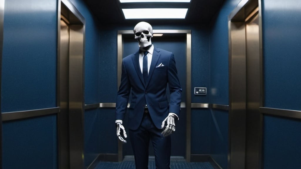 Prompt: Skelton wearing Suit in Elevator and puts his hand in the pants pocket in Dark Blue Corridor 