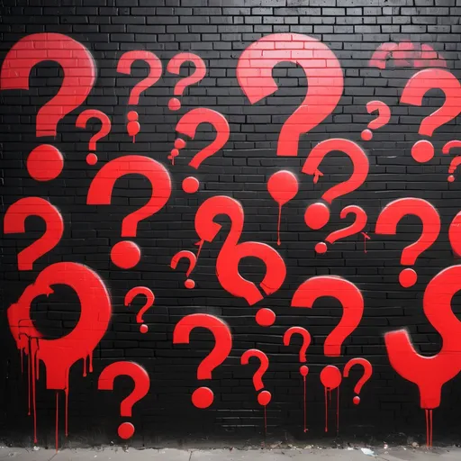 Prompt: a black brick wall covered with spray painted graffiti "question marks" all over more and red smaller