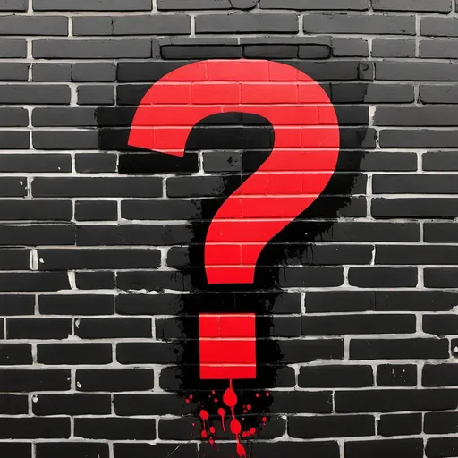 Prompt: A red question mark spray painted on a black brick wall more grafitti