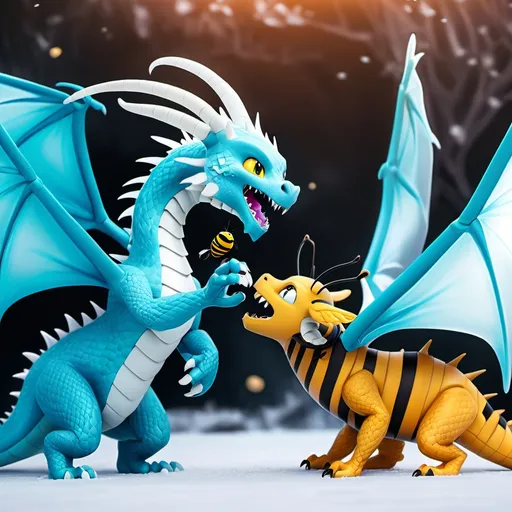 Prompt: dragons fighting wings of fire icewing versus a bee like dragon