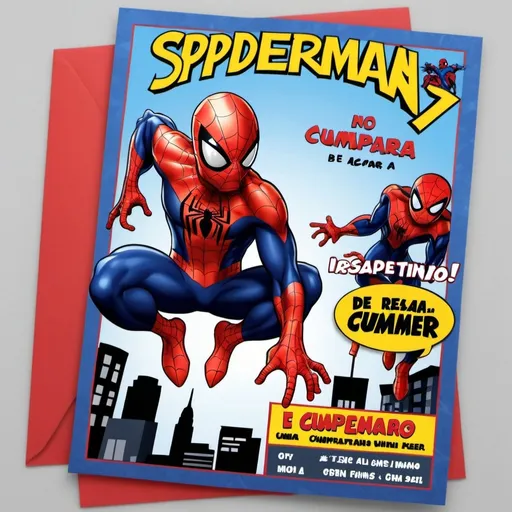 Prompt: Crear una invitación de cumpleaños para un niño, debe de tener la estructura de una historiera de comic, colores vibrantes, el tema del cumpleaños es spiderman, deben de haber edificios, la invitación debe de traer el nombre del cumpleañero, se llama Thiago, resaltar el nombre, con letra de spiderman, va a cumplir 4 años resaltar la edad, la fiesta se va a realizar en el lugar: Finca el Santuario en Grecia. La hora es a las 11 am, resaltar el lugar y la hora.