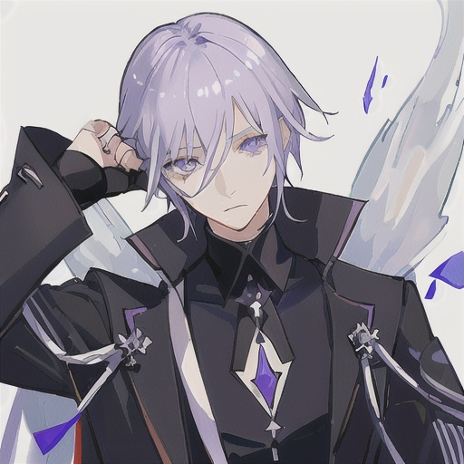 Prompt: A young slim snow-white Elven man with black and purple hair and lavender-colored eyes. He wears a ragged black military coat with a black Lilly broach. Yusuke Mogi's art style. Anime art. Detailed. Well draw face
