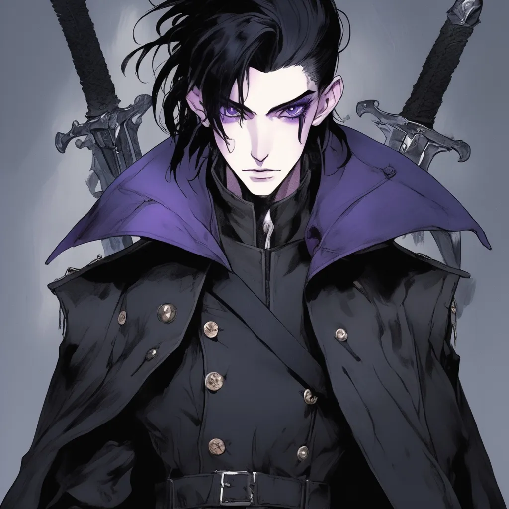 Prompt: A young slim snow-white Elven man with black and purple hair and lavender-colored eyes, wearing a ragged black military coat with a black Lilly broach, and on his waist are two daggers sheathed alongside three pouches. In his hand is a saber, Yusuke Mogi's art style, manga