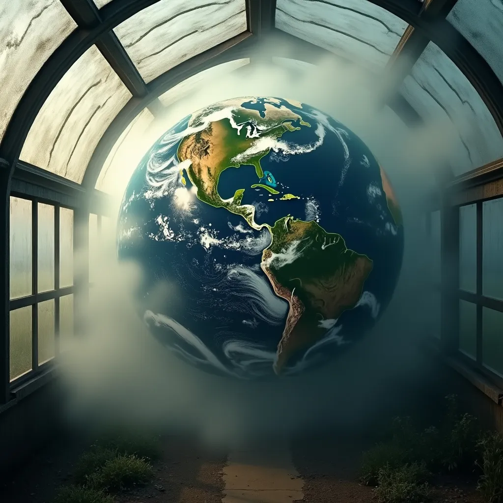 Prompt: The earth is captured in a greenhouse. The windows of the greenhouse are dark. There is smoke swirling around the earth.