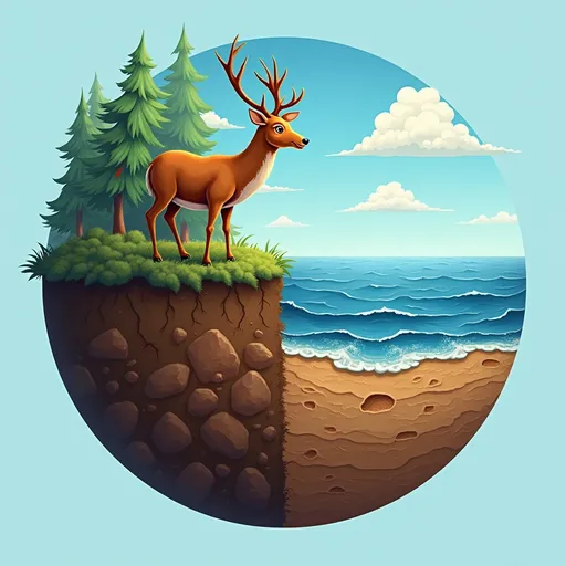 Prompt: The earth is divided in four parts. On the first part stands a deer in a forest. In the second part is a big ocean. In the third part there is a blue sky with clouds. On the fourth part there is mud with fossils and fossil fuels.