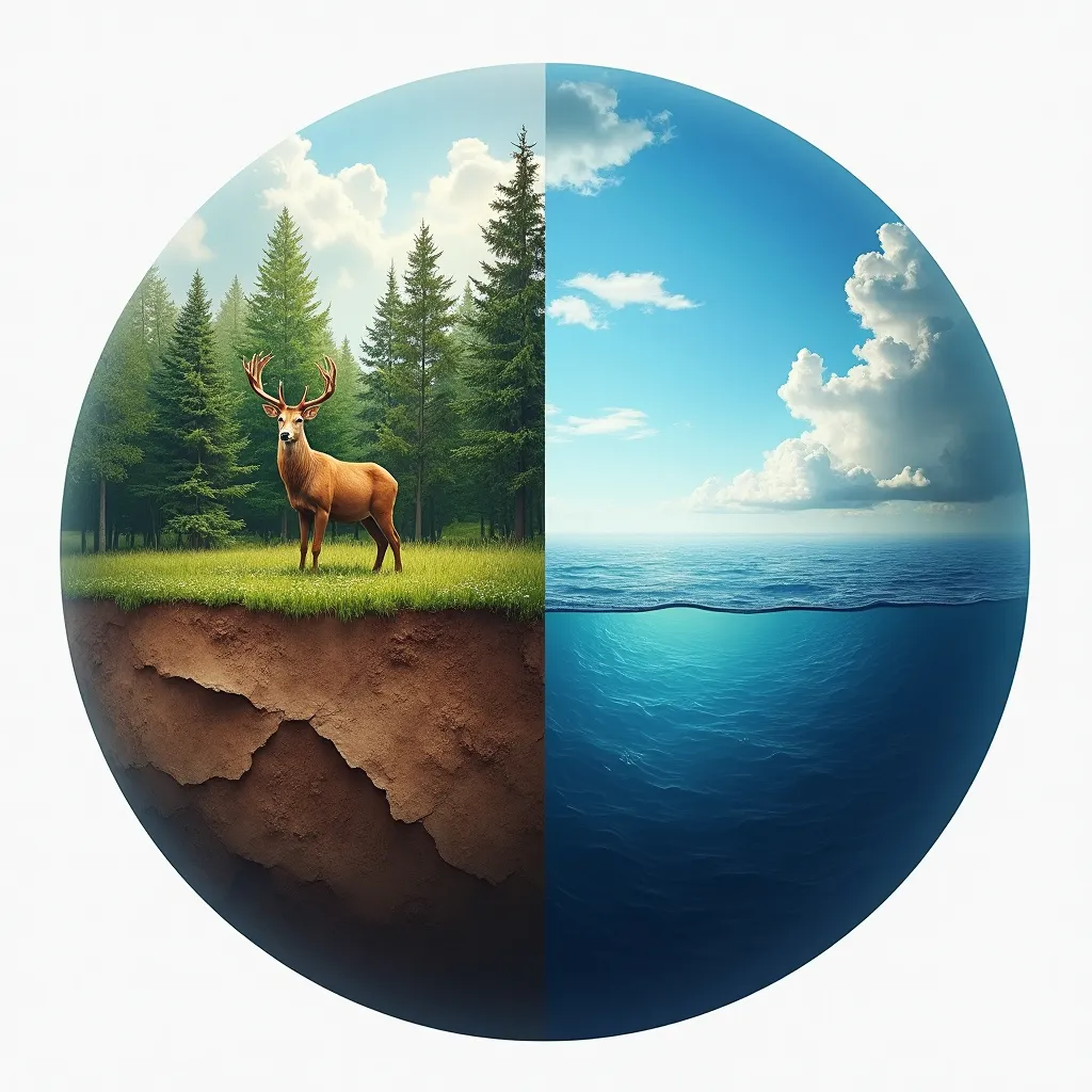 Prompt: The earth is divided in four parts. On the first part stands a deer in a forest. In the second part is a big ocean. In the third part there is a blue sky with clouds. On the fourth part there is mud with fossils and fossil fuels.