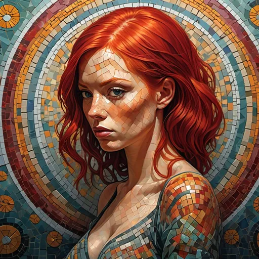 Prompt: a woman with red hair and a mosaic background is shown in this painting of a woman with red hair and a mosaic background, Android Jones, analytical art, highly detailed digital painting, a mosaic