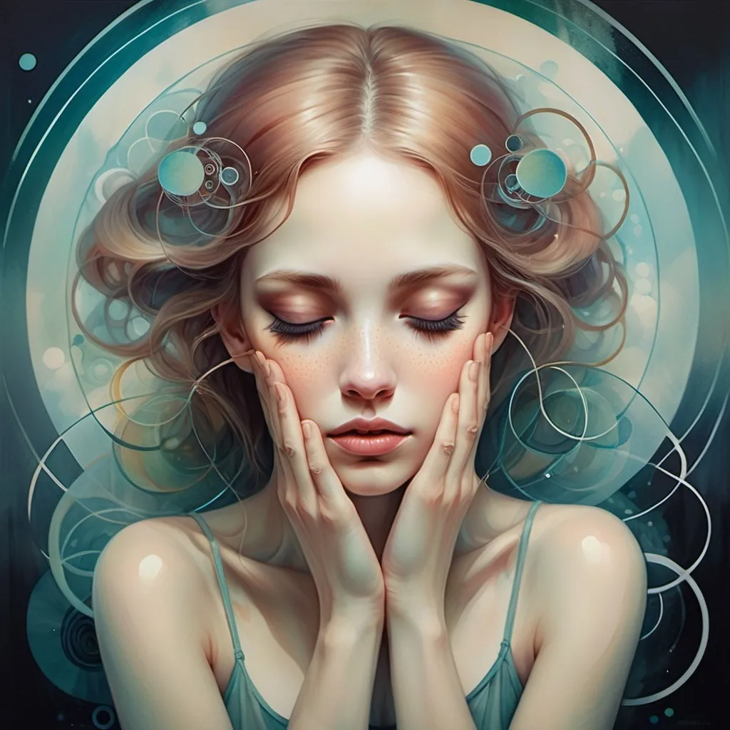 Prompt: a painting of a woman with her eyes closed and her hands on her face, with circles above her head, Anna Dittmann, fantasy art, dreamlike, a fine art painting