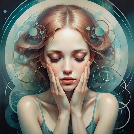 Prompt: a painting of a woman with her eyes closed and her hands on her face, with circles above her head, Anna Dittmann, fantasy art, dreamlike, a fine art painting