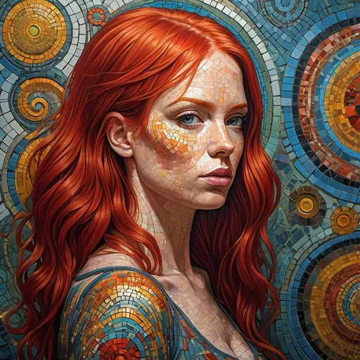 Prompt: a woman with red hair and a mosaic background is shown in this painting of a woman with red hair and a mosaic background, Android Jones, analytical art, highly detailed digital painting, a mosaic