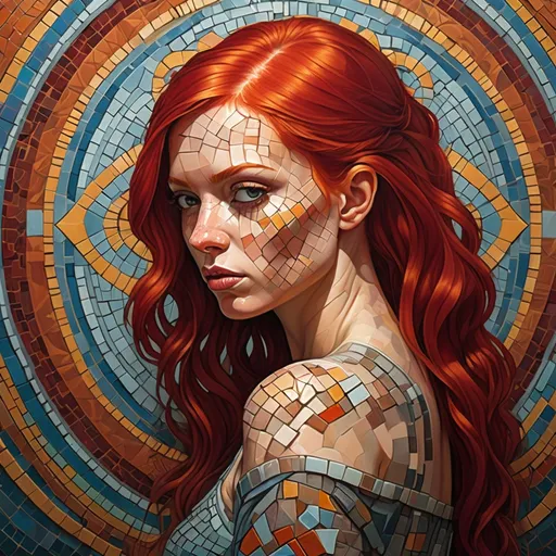 Prompt: a woman with red hair and a mosaic background is shown in this painting of a woman with red hair and a mosaic background, Android Jones, analytical art, highly detailed digital painting, a mosaic