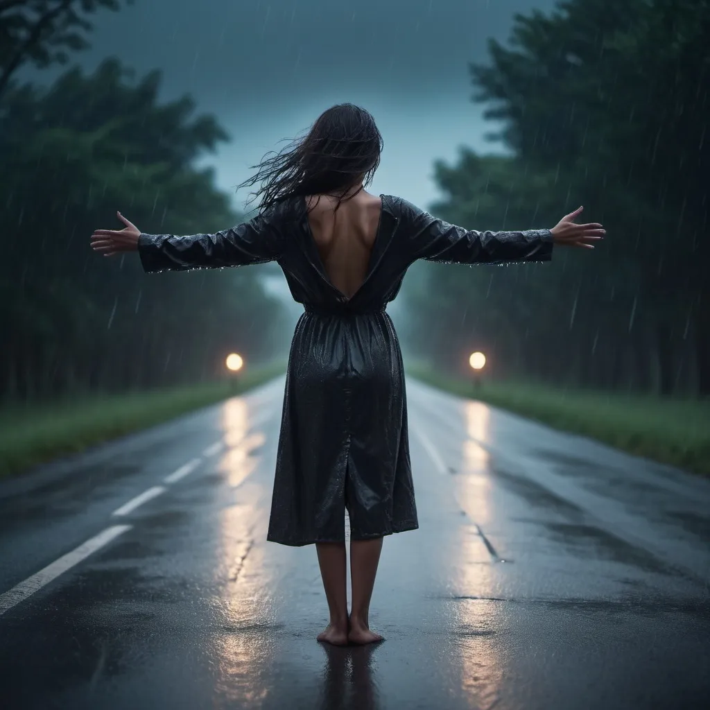 Prompt: Dark and mysterious, yet beautiful lady standing with her arms open on an empty road, it's raining and it's getting dark.