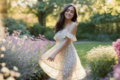 Prompt: A stunning young woman standing in a sun-drenched garden, soft ethereal lighting, golden hour atmosphere. Her shoulder-length black hair shimmers with amber highlights in the sunlight, floating gently in the breeze. She wears a flowing white sundress that catches the wind. The garden is filled with vibrant wildflowers in shades of purple, yellow, and pink, while the background fades into soft grayscale. Dappled sunlight creates a natural spotlight effect around her, making her hair gleam with warm undertones. Her expression is serene and joyful, with a warm, captivating smile. The composition follows the rule of thirds with the subject centered. Photorealistic style with dreamy, painterly qualities. Shallow depth of field with bokeh effect in background. High-resolution, detailed, 8k quality, wide view