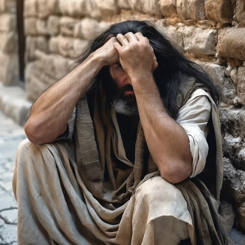 Prompt: a man with a long black hair and a beard, in his 40s, in Jerusalem around 30 AD, sits on the street with his back toward brick wall, brown scarfs around both wrists, holding his head with both hands, desperate