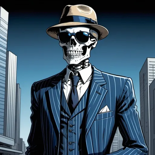 Prompt: Skeleton in a blue pinstripe suit, hat, sunglasses, modern city, detailed, dark colors, dramatic, graphic novel illustration, 2d shaded retro comic book,