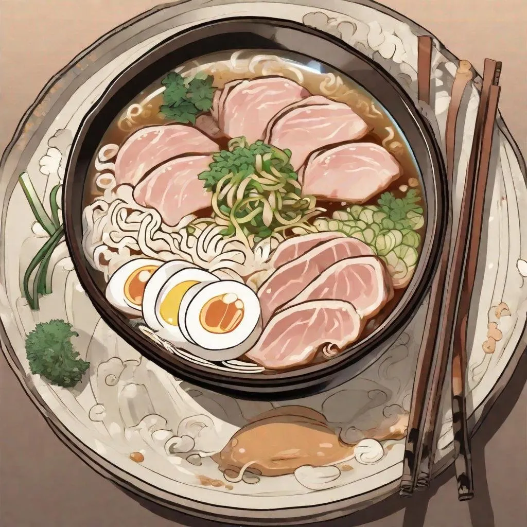 Prompt: JAPANESE CARTOON STYLE, BOWL OF PORK TONKOTSU RAMEN
