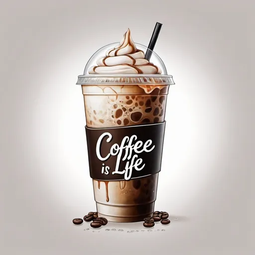 Prompt: LARGE ICED COFFE, WHITE BACKGROUND, HEAVY SHADING. TEXT BELOW SAYING COFFEE IS LIFE