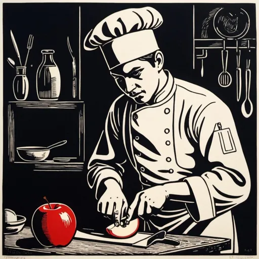 Prompt: A linocut of a young french chef holding a knife cutting an apple