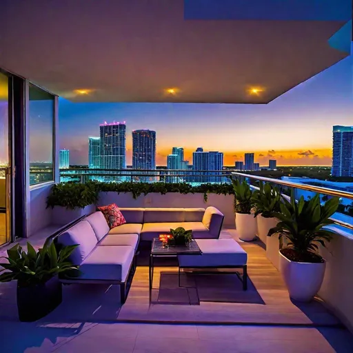 Prompt: Nu Wave Style, penthouse balcony overlooking dusky Miami skyline