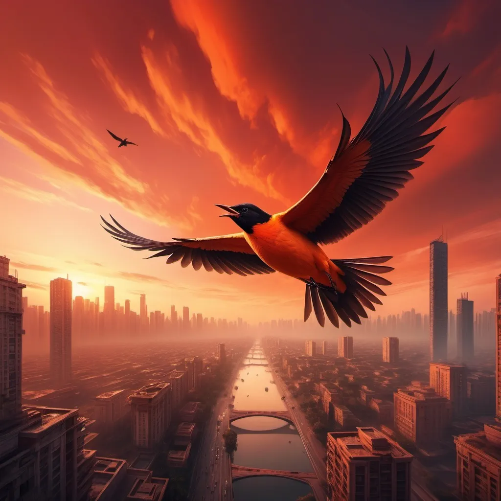 Prompt: a bird flying in the sky over a city at sunset or sunrise time with a red and orange sky, Cui Bai, neo-romanticism, sky, a matte painting