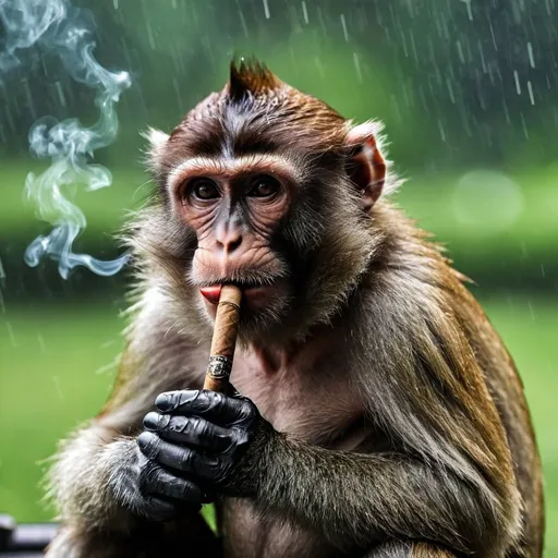 Prompt: badass monkey that doesn't have a care for anything in this mad world is smoking a cigar on a rainy day outside really badass