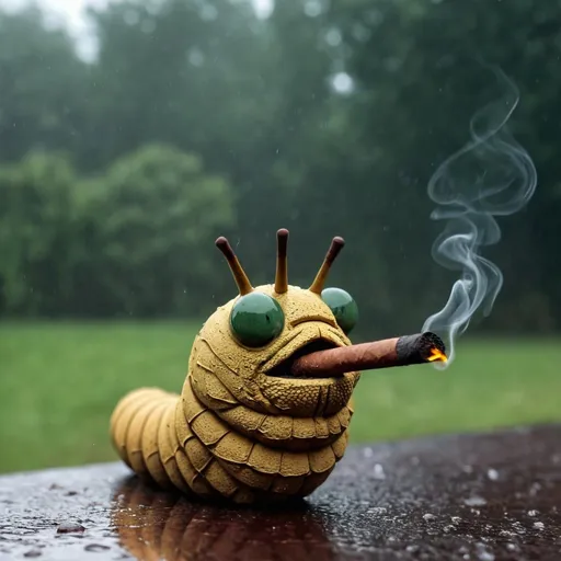 Prompt: a caterpillar smoking a cigar on a rainy day, no care for the world. devastated. blank stare