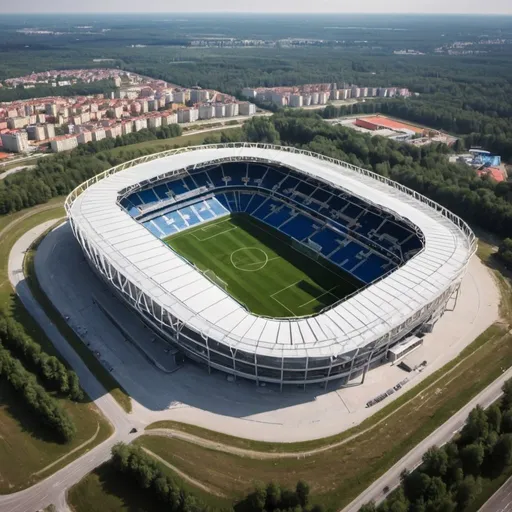 Prompt: Stwórz realistyczną wizualizację stadionu piłkarskiego na 33000 widzów. Trybuny za bramkami mają być jednopoziomowe i mieć 30 rzędów. Trybuny wzdłuż murawy mają być dwupoziomowe. Wszystkie trybuny mają być blisko murawy na wzór angielskich stadionów, bez prześwitów między dachem a trybunami. Krzesełka mają mieć kolor niebieski na trybunach za bramkami a na trybunach wzdłuż boiska sektory mają mieć na przemian kolor czerwony i niebieski (szachownica).